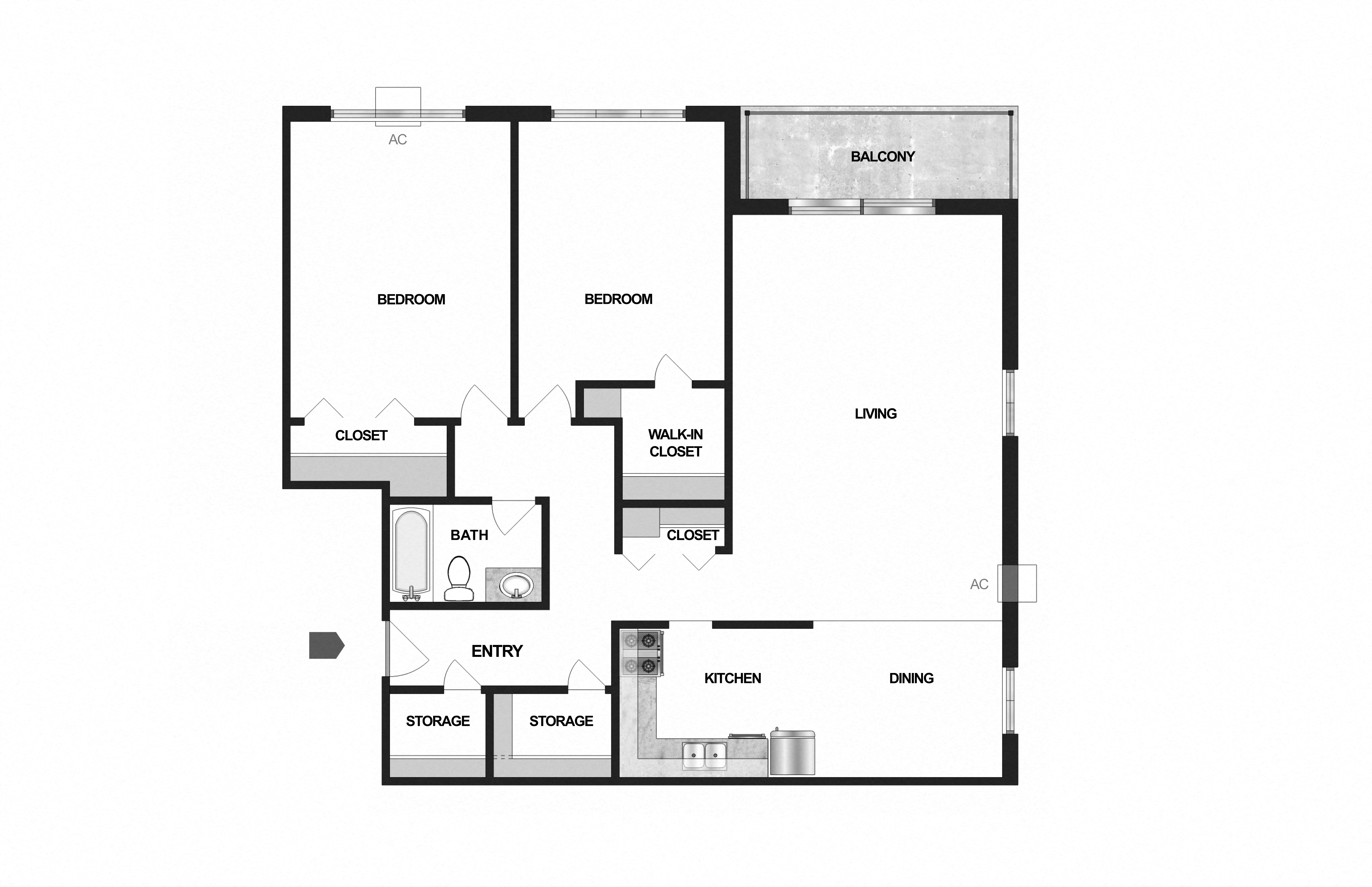 Floor plan for 2 beds, 1 bath, 1190 sqft